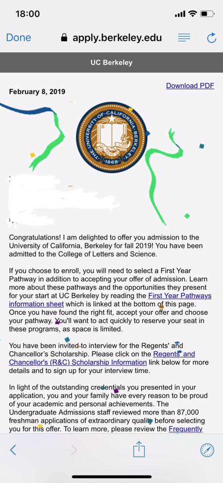 每年二月UC Berkeley會提前通知二千人錄取
